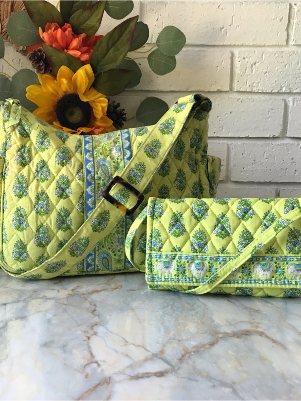 Vera Bradley Citrus Lime Green Quilted Shoulder Bag with Matching Clutch